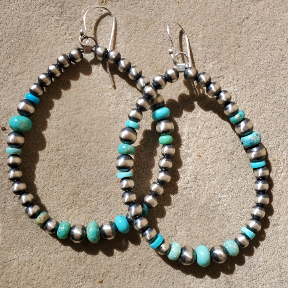 Navajo Pearl Turquoise Dangle Oval Hoop Earrings